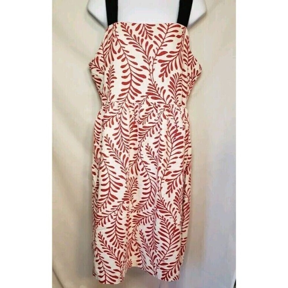 WHO WHAT WEAR (Large) Red White Linen Midi Sun Dress L Floral Square Neck Spring